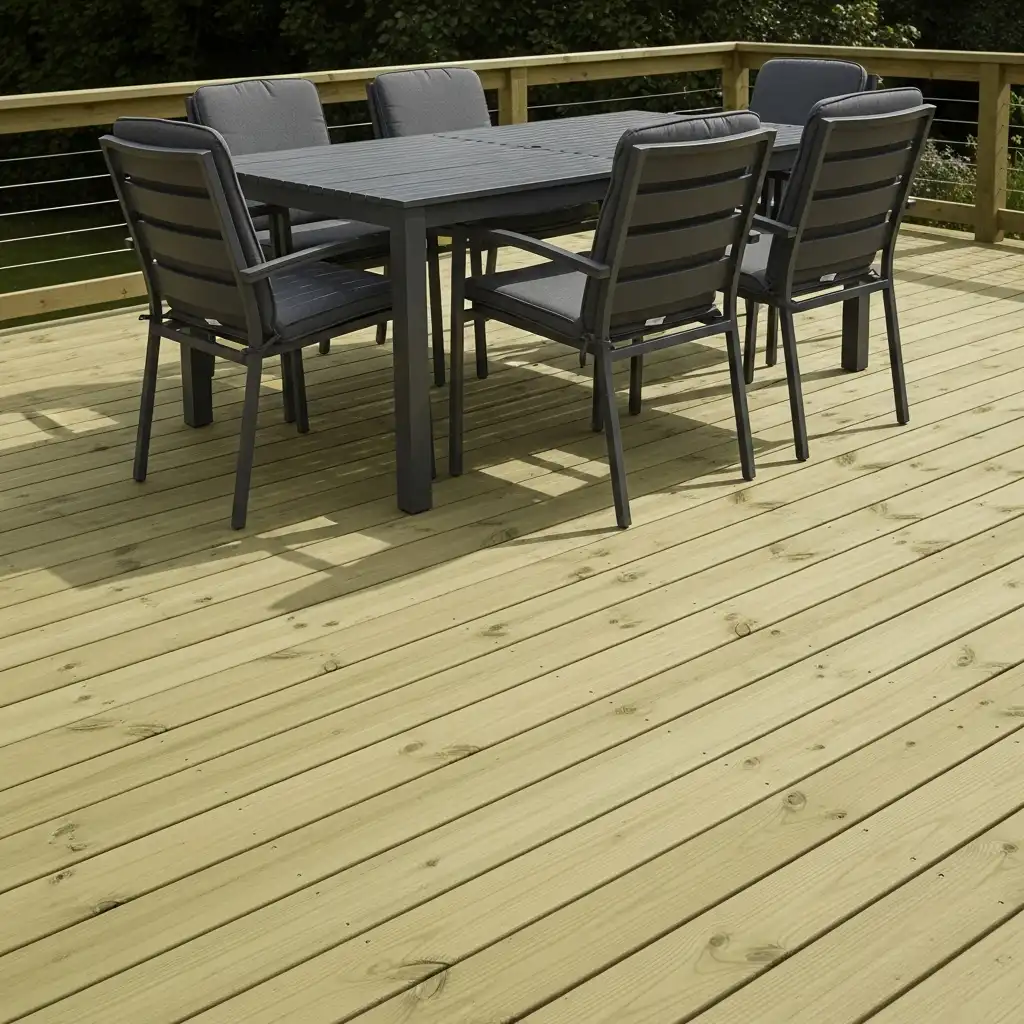 22. Light Brown Pressure Treated Deck with Dark Gray Outdoor Dining Set