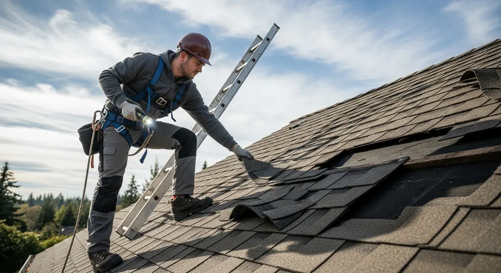 Roofer inspecting roof damage