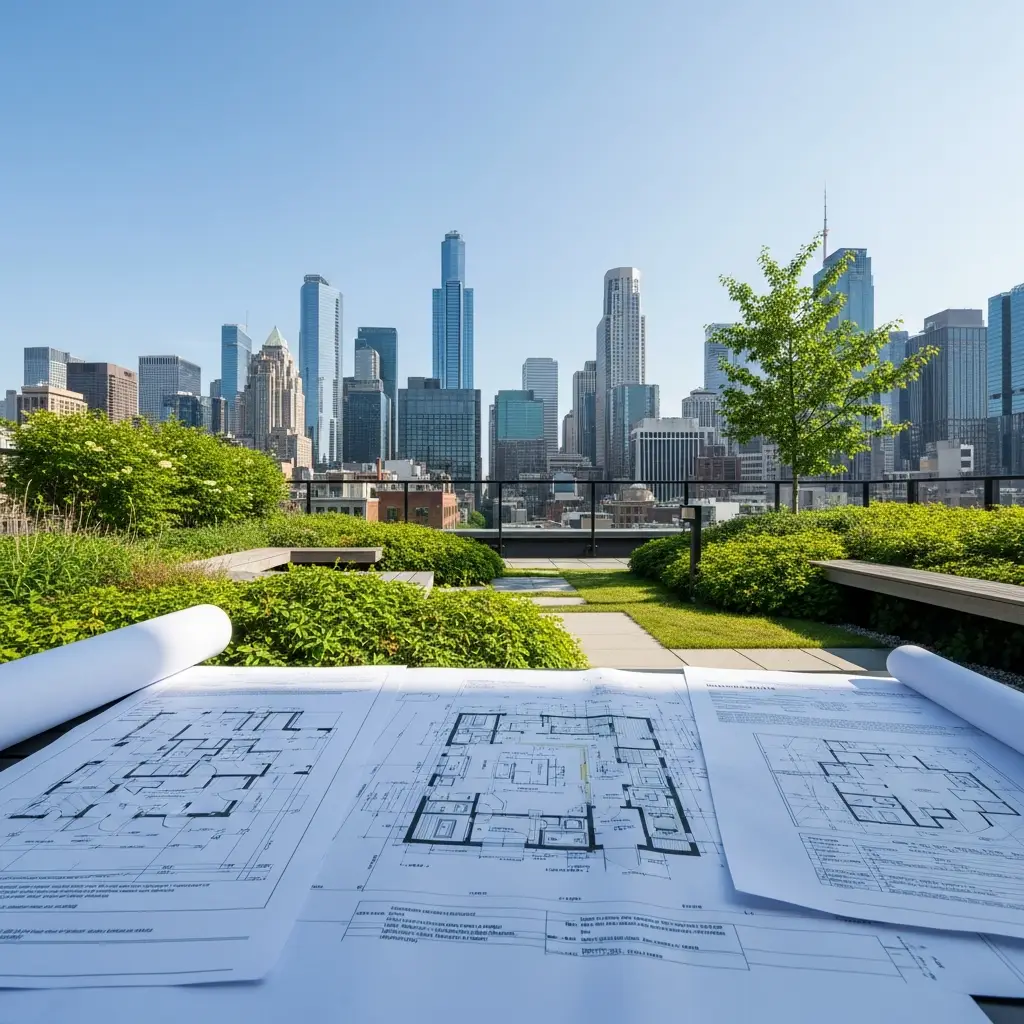 Building plans and permits for a rooftop garden project.