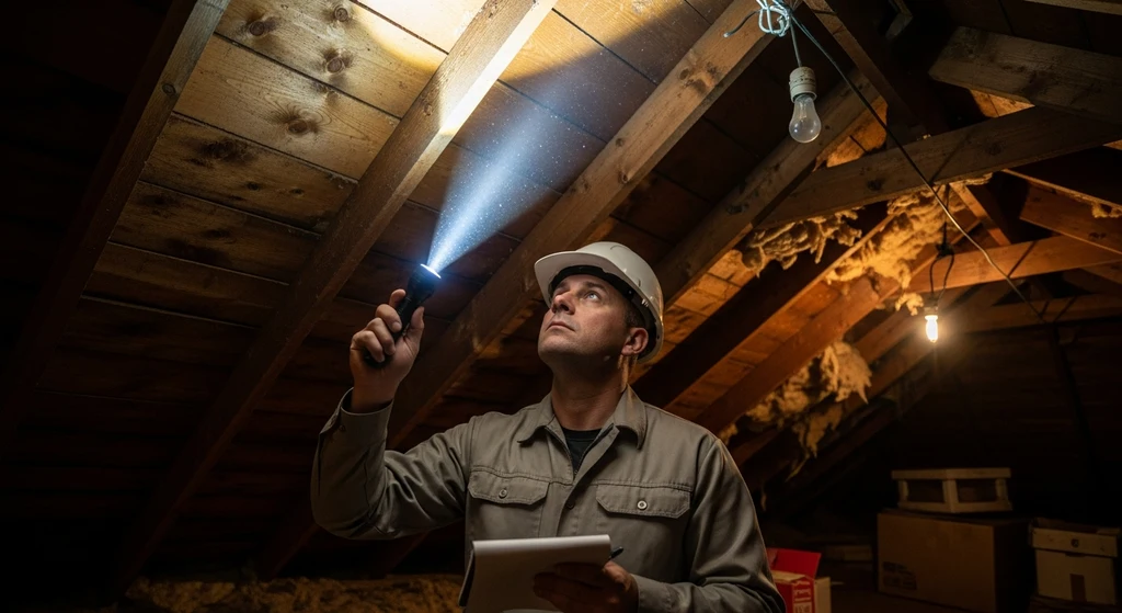 Roofing contractor inspecting roof deck in attic
