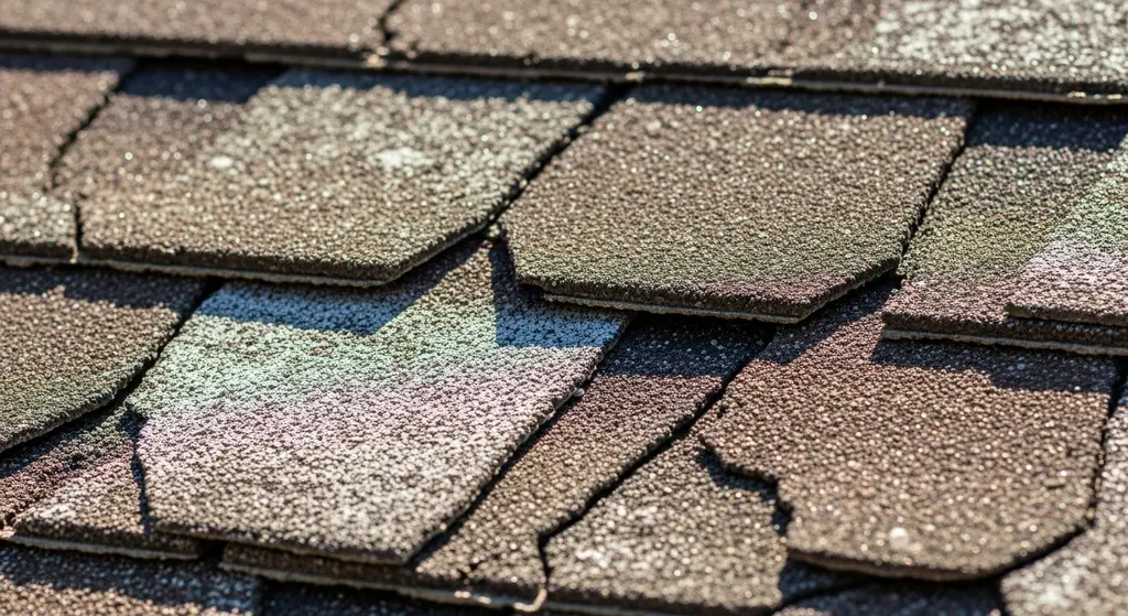 Damaged fiberglass shingles after years of exposure