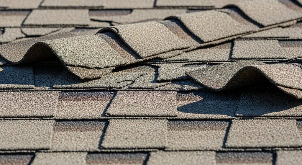 Damaged asphalt shingles with cracking and granule loss