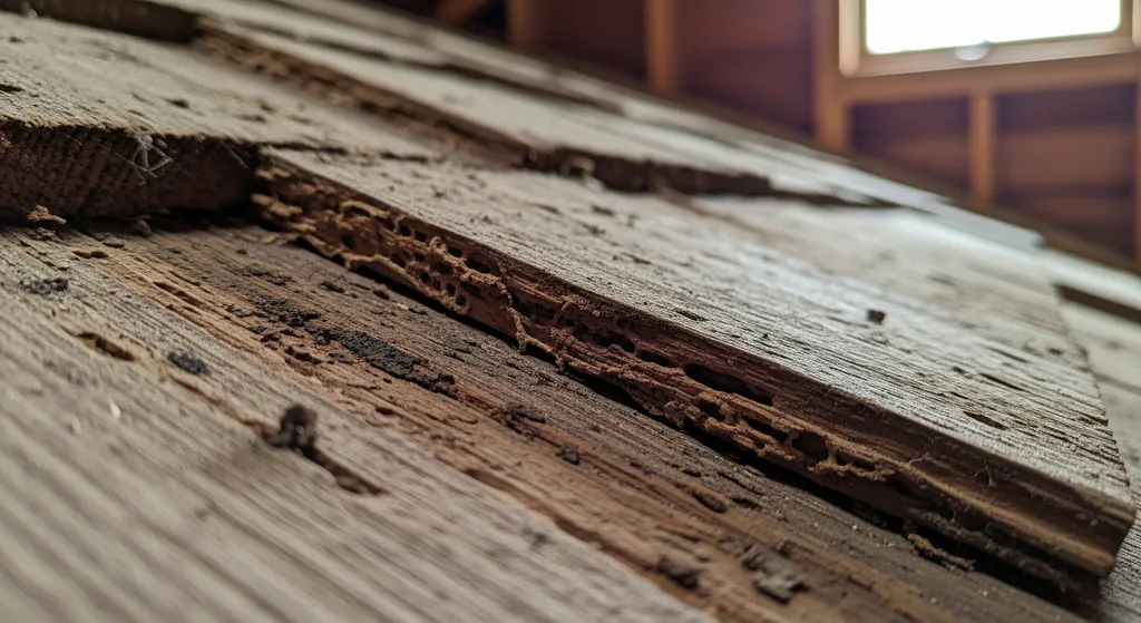 Close-up of cedar roof decking with visible rot and insect damage.