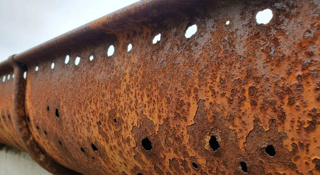 Close-up of rusty gutter with holes.