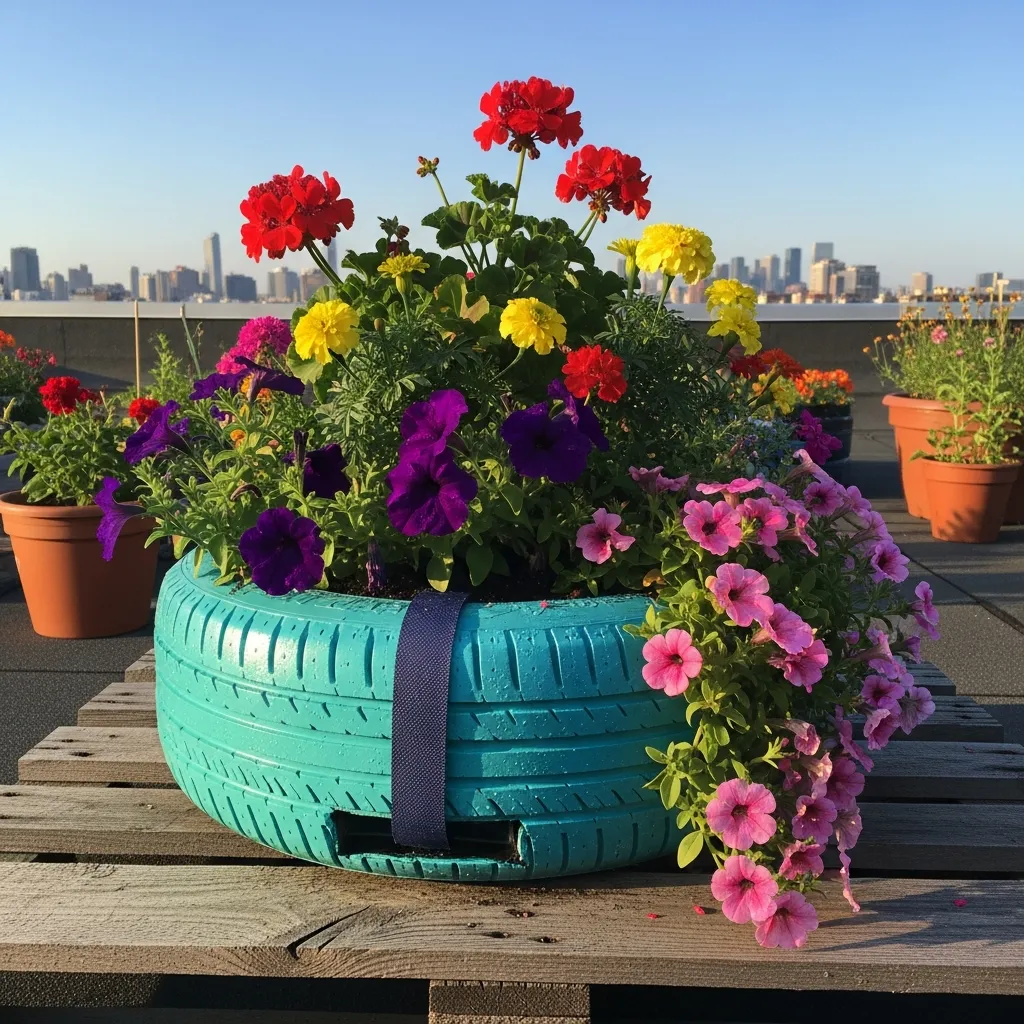 15. Recycled Tire Self-Watering Planters