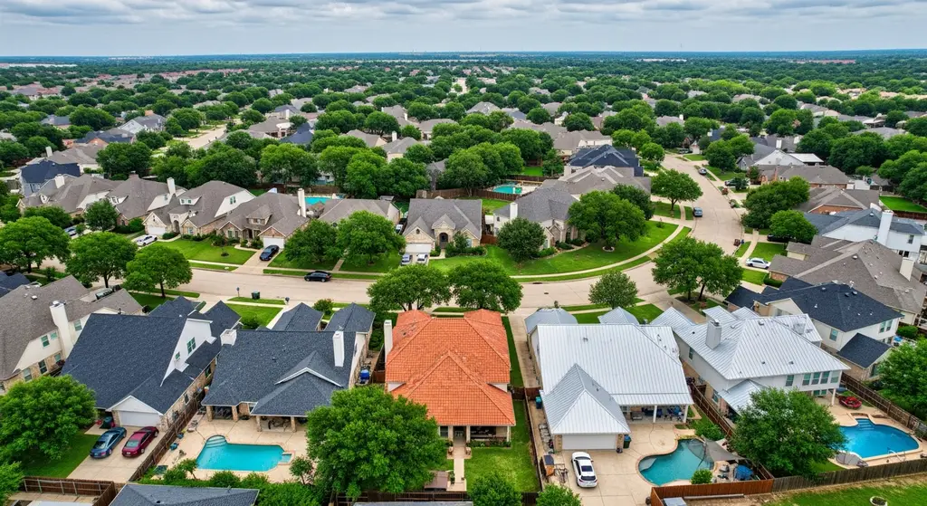 Dallas neighborhood with various roof types.