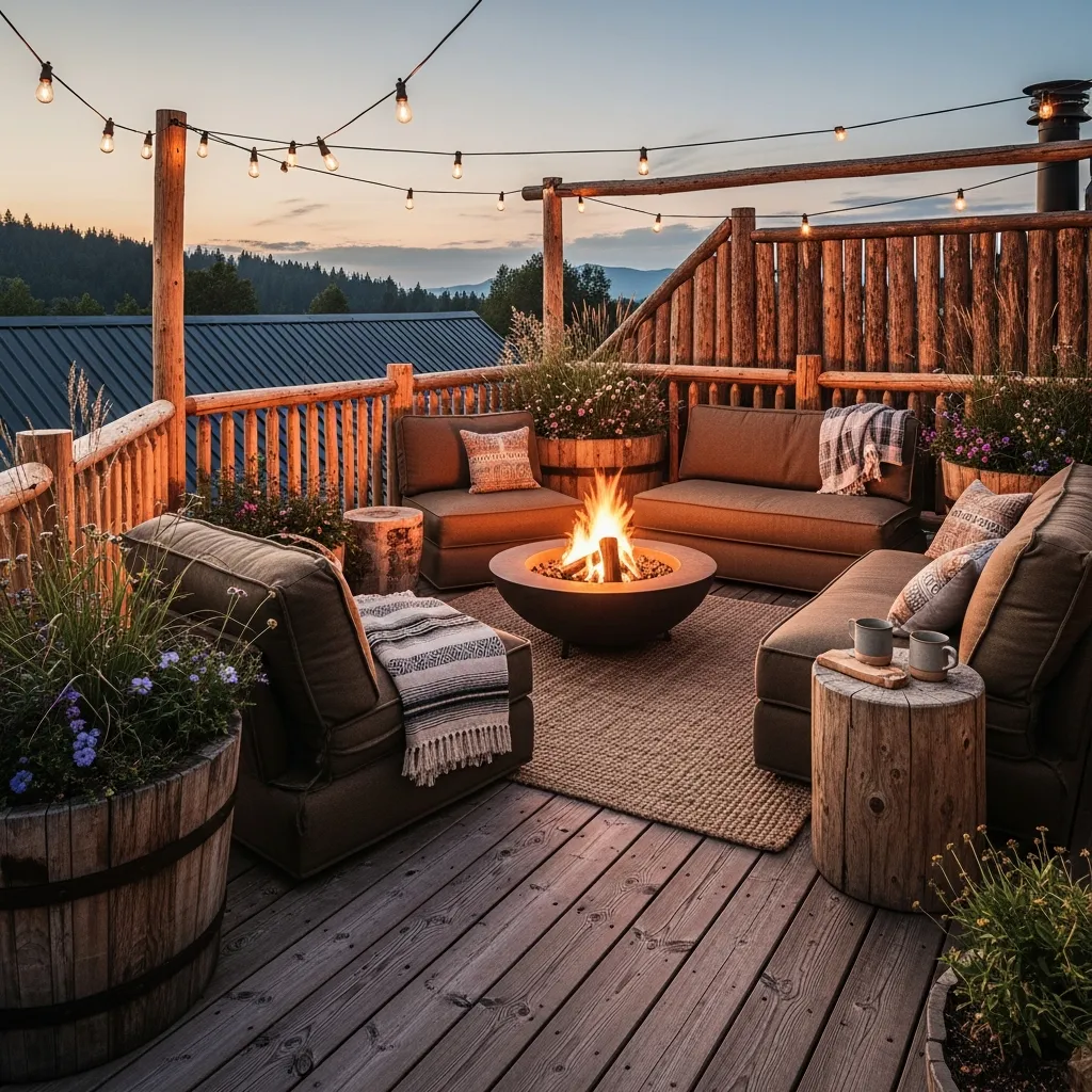 Top 27 Rooftop Deck Before and After Transformations: Inspiring Outdoor Oasis Ideas 26 25. Rustic Retreat: Natural Wood and Cozy Fire Pit