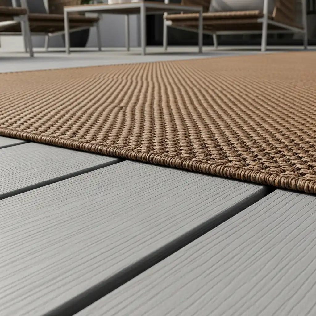 9. Silver Gray Decking with Warm Brown Outdoor Rug