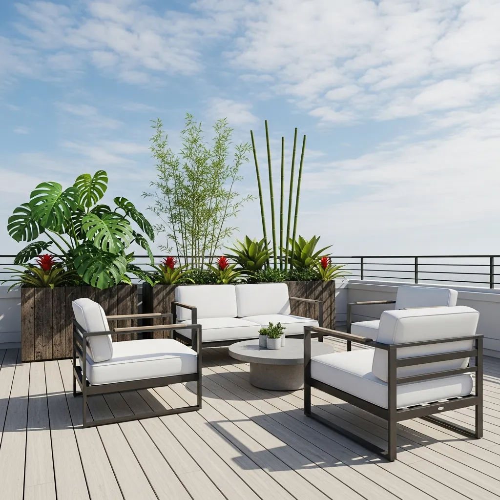 Top 27 Rooftop Deck Before and After Transformations: Inspiring Outdoor Oasis Ideas 23 22. Tropical Minimalist: Lush Greenery and Streamlined Furniture