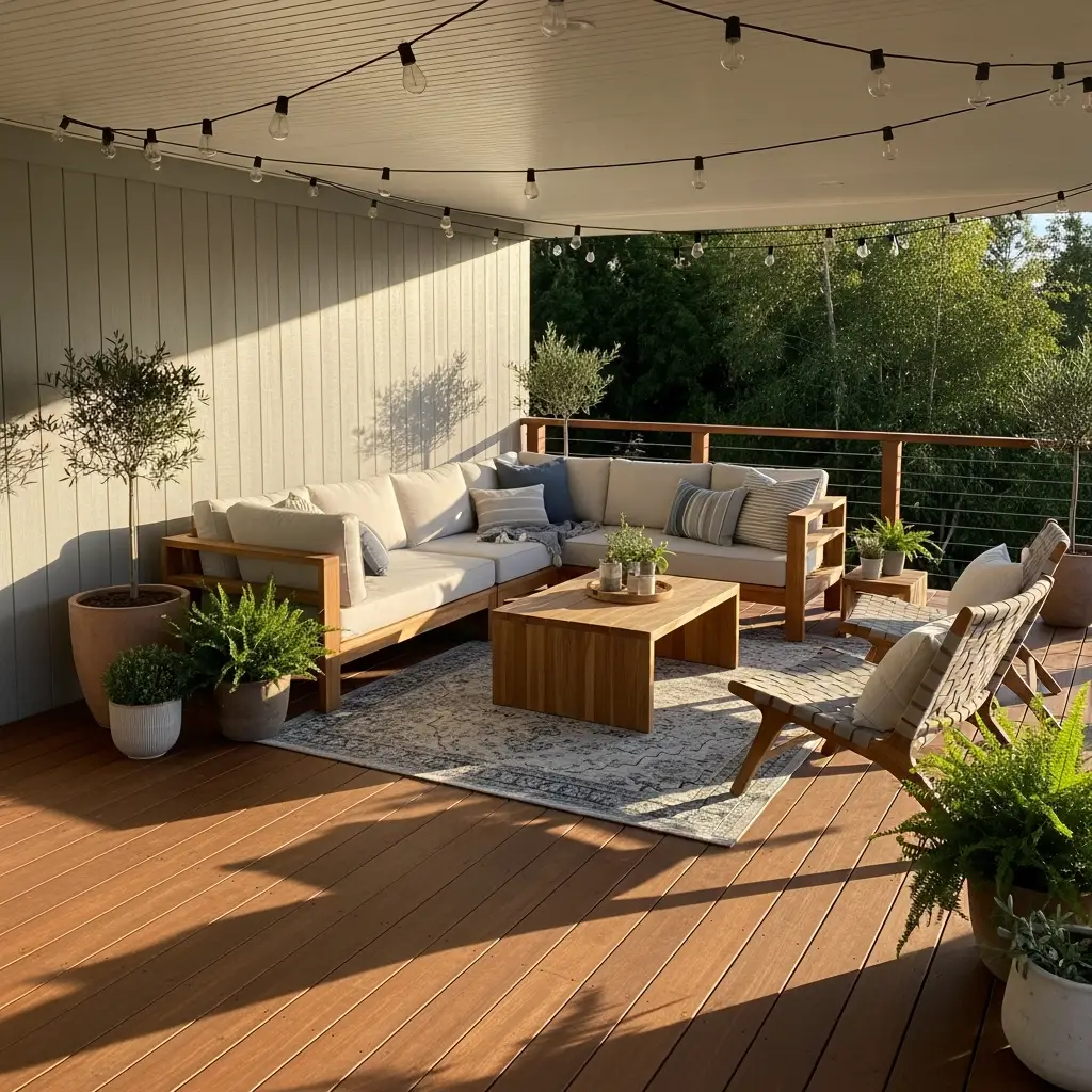 6. Warm Brown Decking with Light Gray Accent Wall