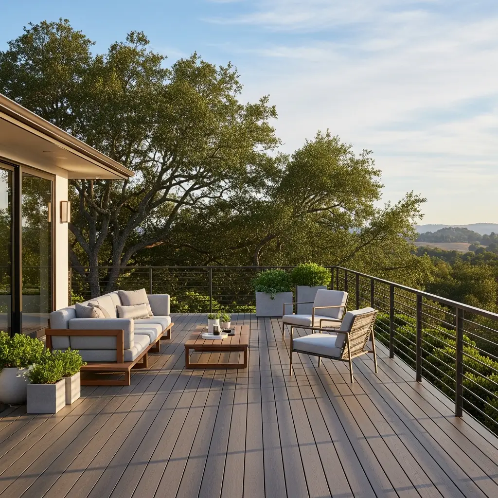 2. Warm Gray Decking with Dark Brown Railings