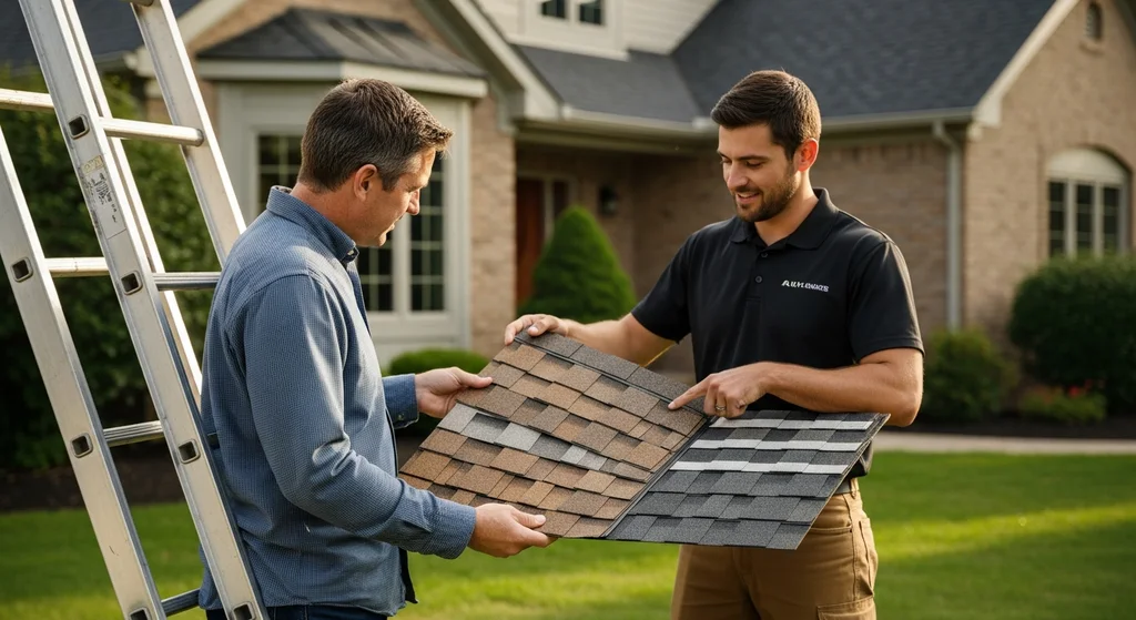 Homeowner and contractor discussing roofing options