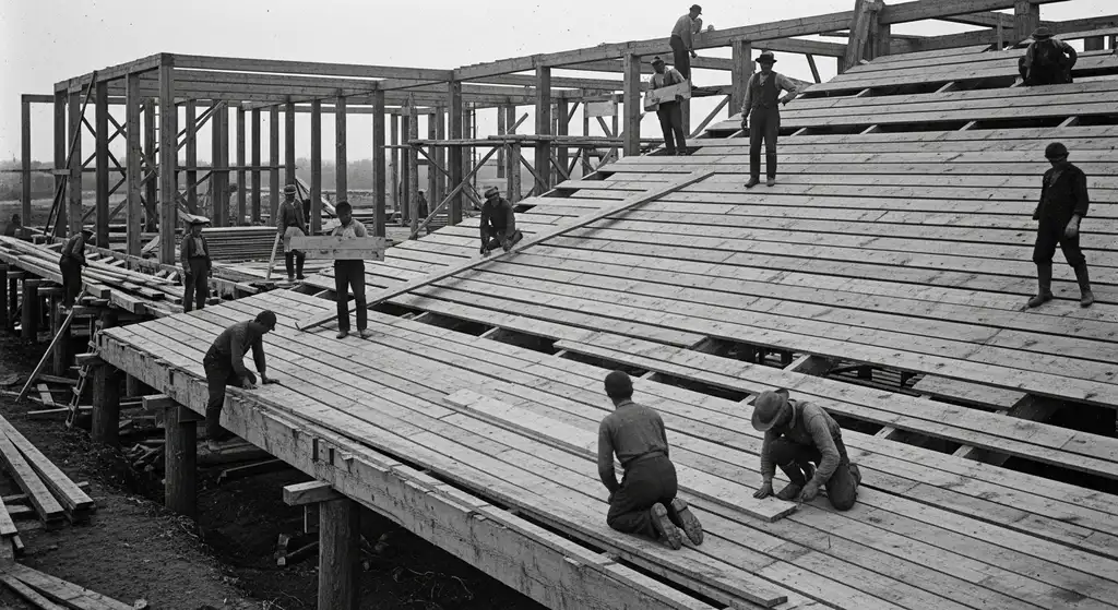 Different Types of Commercial Roof Decking: A Comprehensive Guide 3 Historical wood roof decking installation.