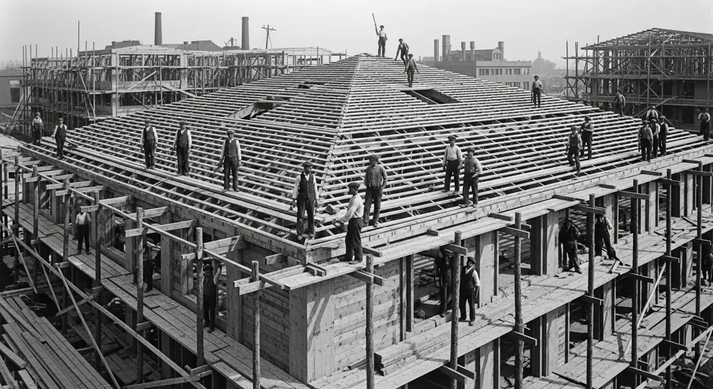 Commercial Roof Decking Types: A Comprehensive Guide 3 Early 20th century wood roof decking installation