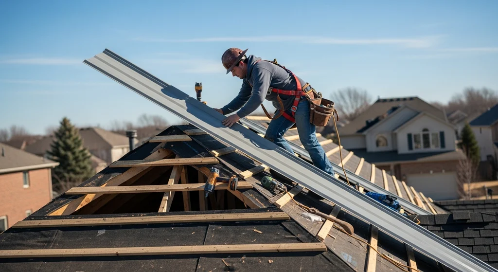Roofer wearing safety harness