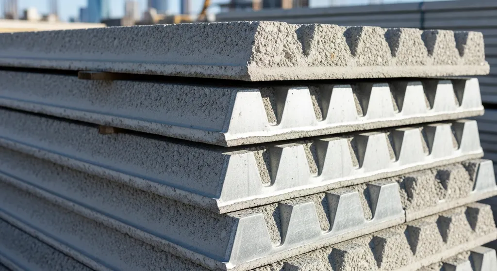 Close-up of corrugated concrete decking panels showing steel ribs and concrete texture.