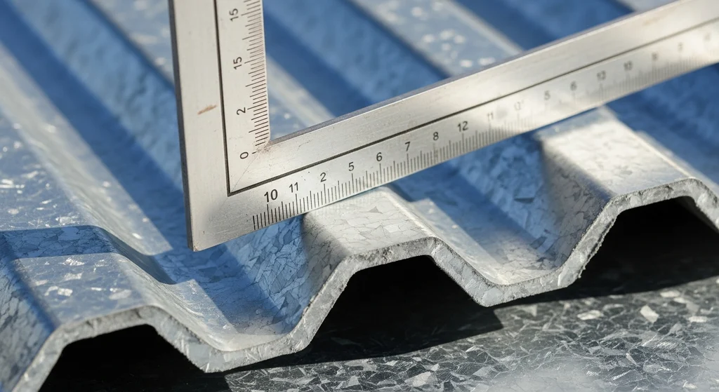 Close-up of galvanized corrugated steel decking thickness
