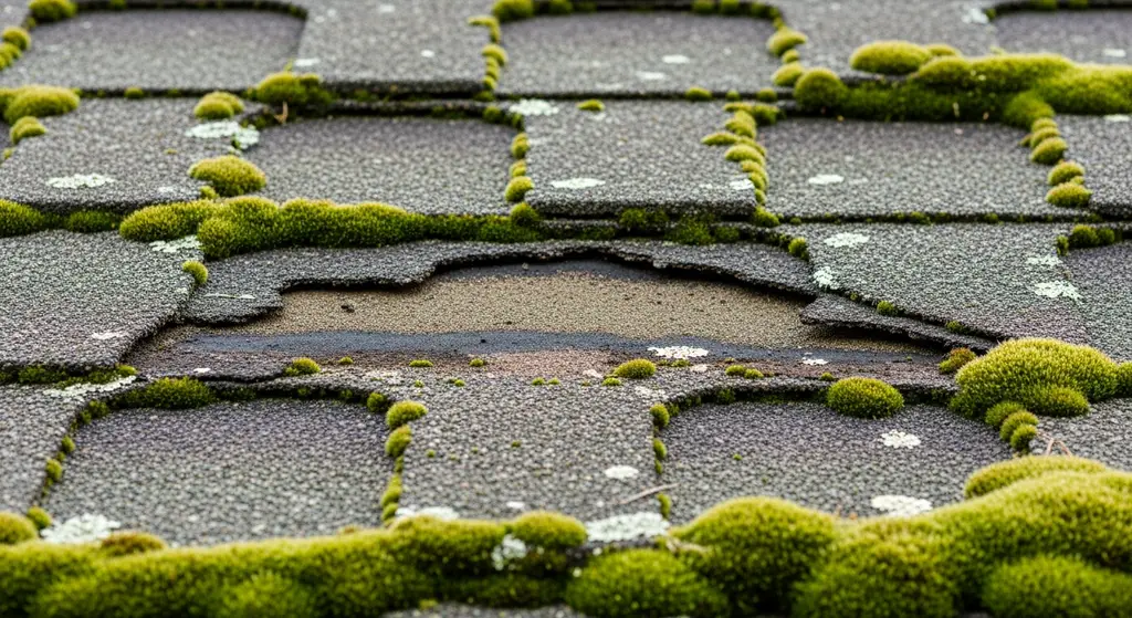 Damaged asphalt shingles with granule loss due to moss.