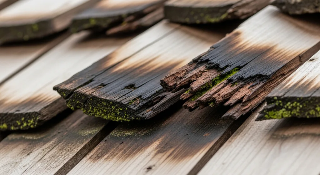 Rotting cedar shake roof sheathing