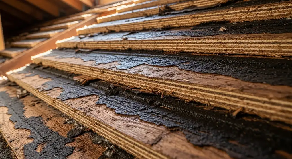Close-up of delaminated roof decking