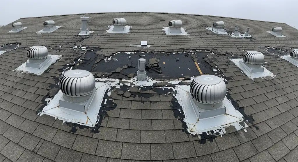 Roof with extensive sealant damage.