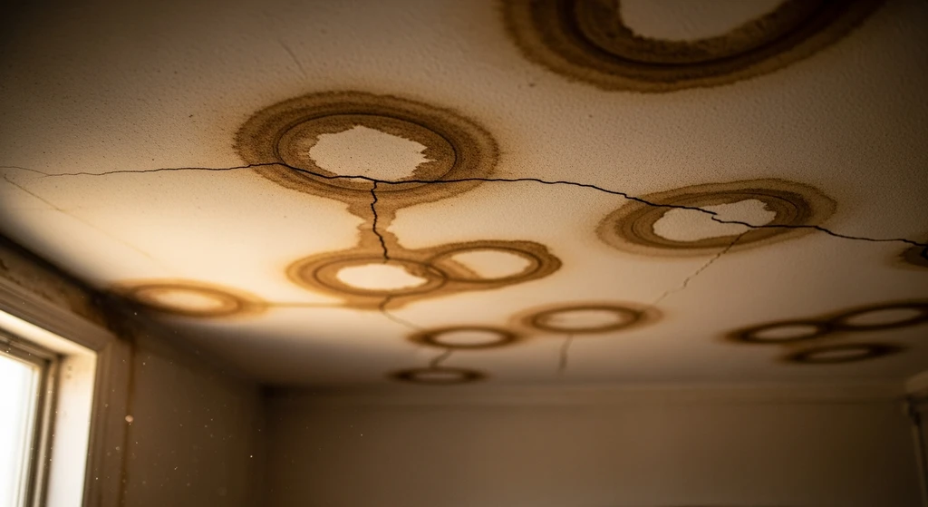 Water stains on a ceiling caused by a roof leak.