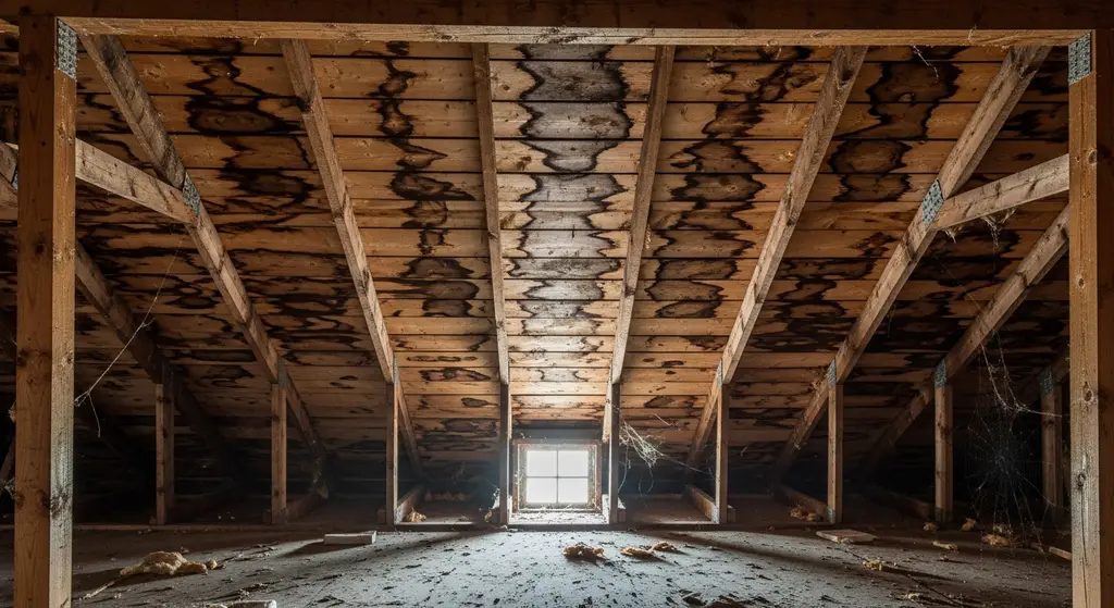 Water stains on attic roof sheathing