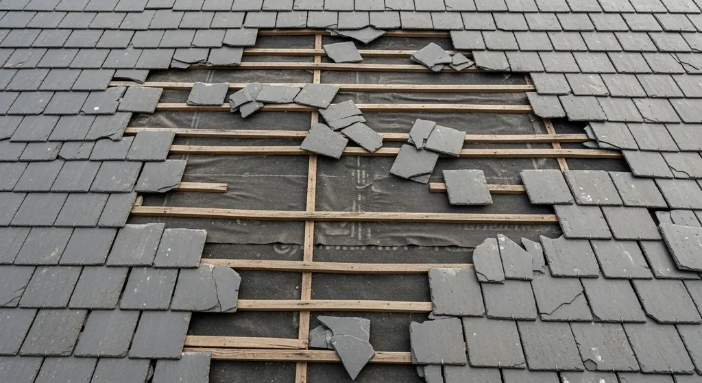 Extensive damage to artificial roof slates