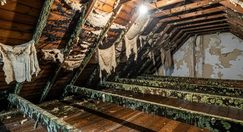 Attic with extensive mold and water damage.