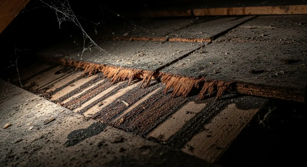 Damaged roof sheathing with wood rot.