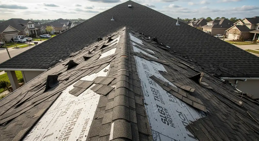 Severely damaged roof after a wind storm