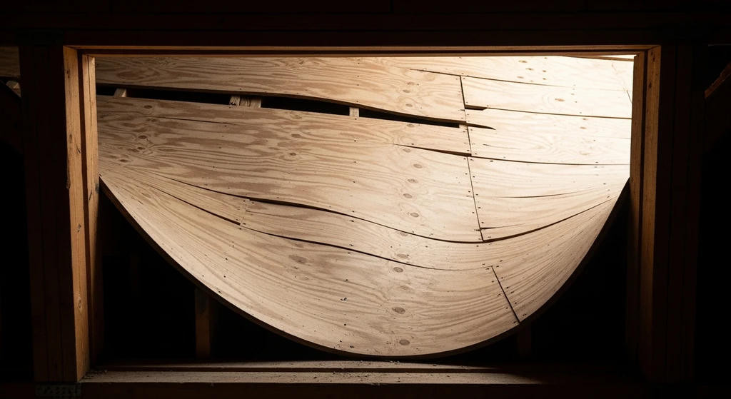 Buckled OSB roof decking panel due to incorrect H-clip spacing