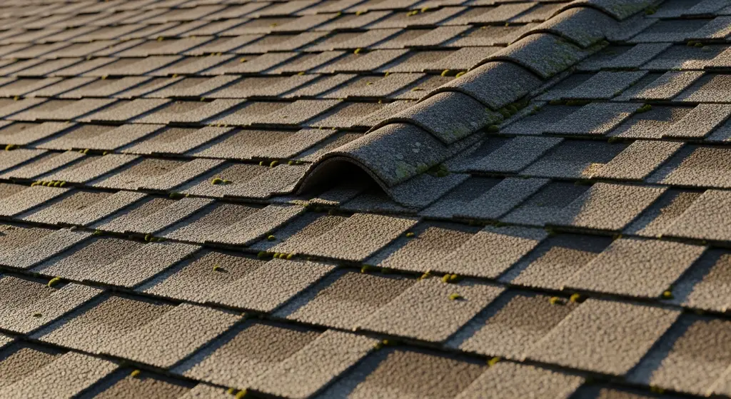 cost Breakdown of gable roof over patio 4 Close-up of weathered asphalt shingles on a gable roof
