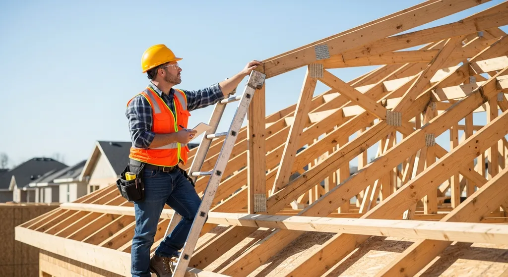 Building inspector examining roof structure