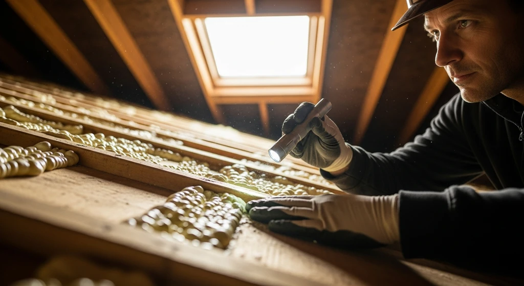 Building inspector examining spray foam on roof decking