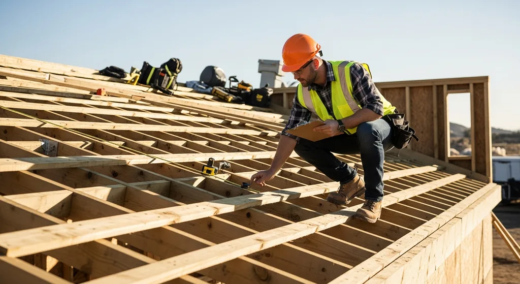 Building inspector examining shed roof decking