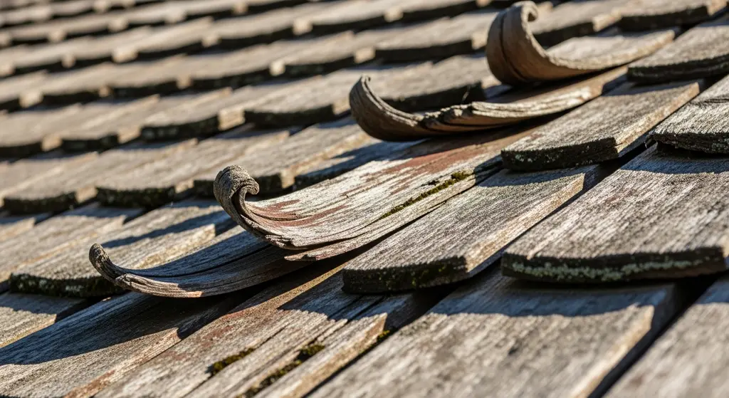 Damaged cedar shake roof with curling, splitting, and discoloration