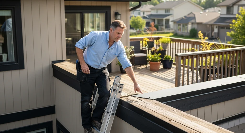 Homeowner inspecting rooftop deck