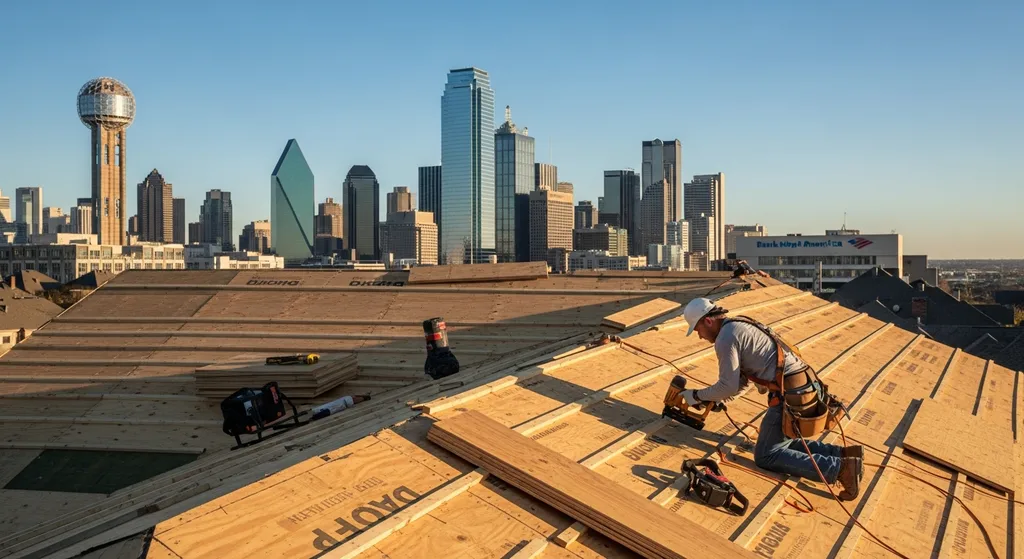 Roofer installing decking for a paver system in Dallas