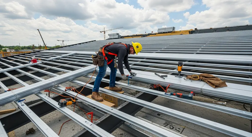 Steel roof decking installation in progress