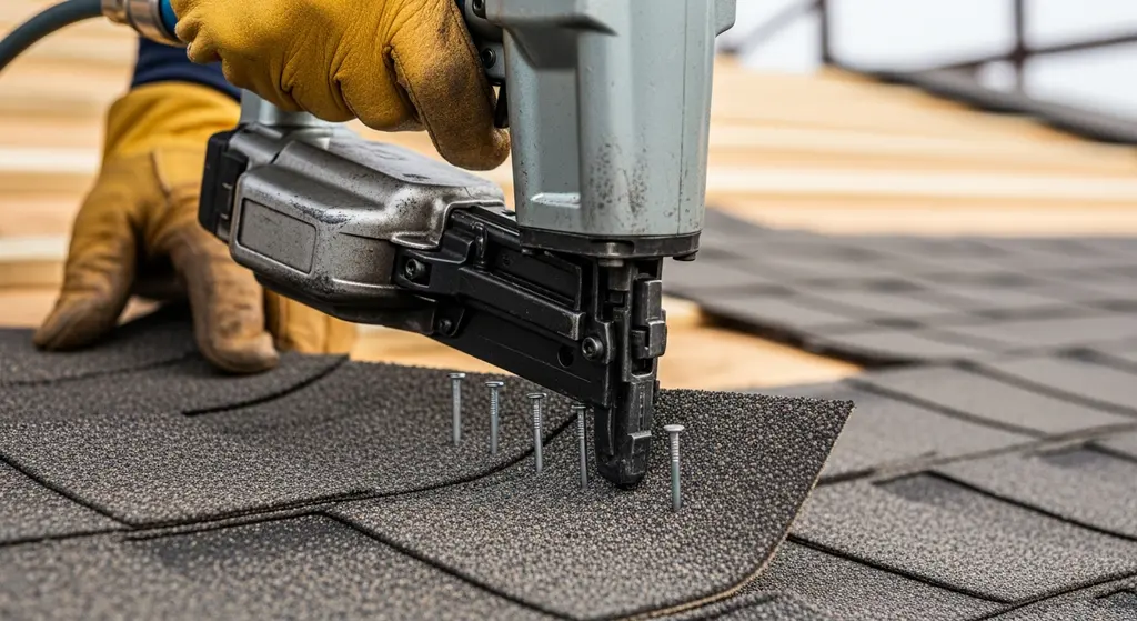 Roofer installing shingles with a six-nail pattern for high-wind compliance