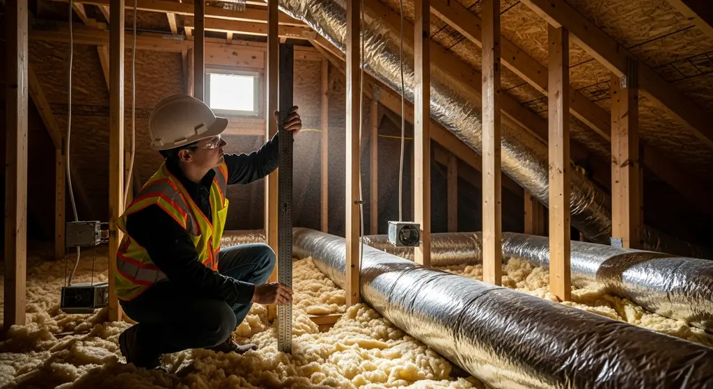 Building inspector verifying attic insulation depth for code compliance