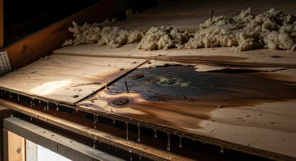 Roof Decking Thickness: Code Requirements & Best Practices 4 Water damaged roof decking in Dallas attic