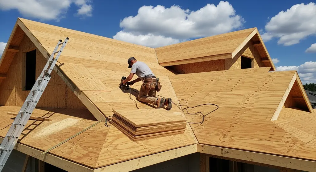 Roofer installing new deck panels in Dallas