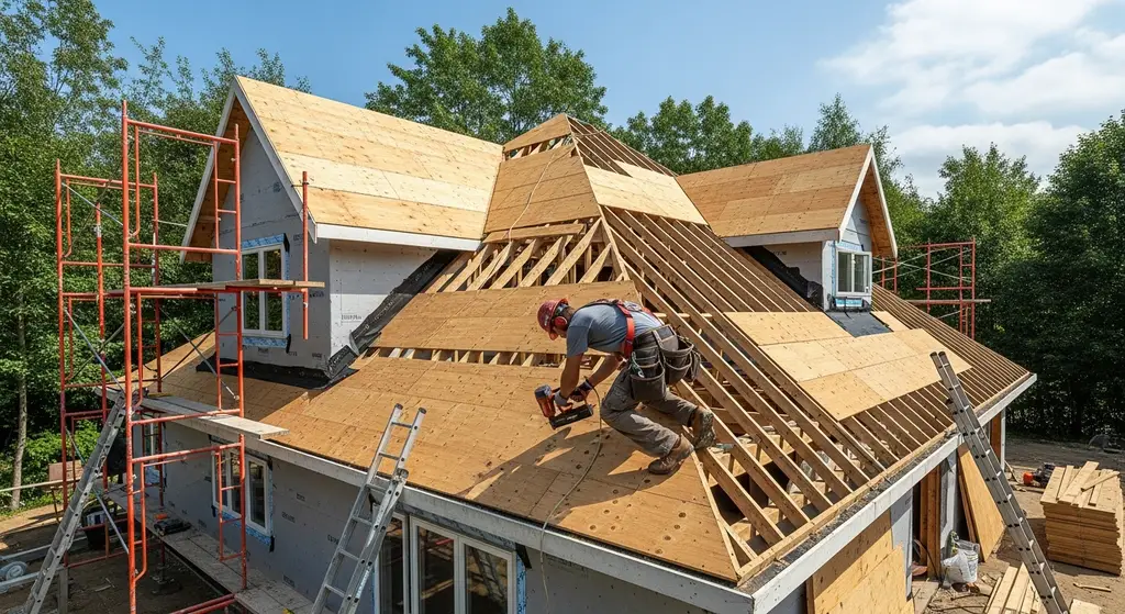 Roofer installing roof decking on garage