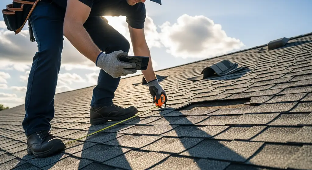 Roofing contractor documenting roof damage