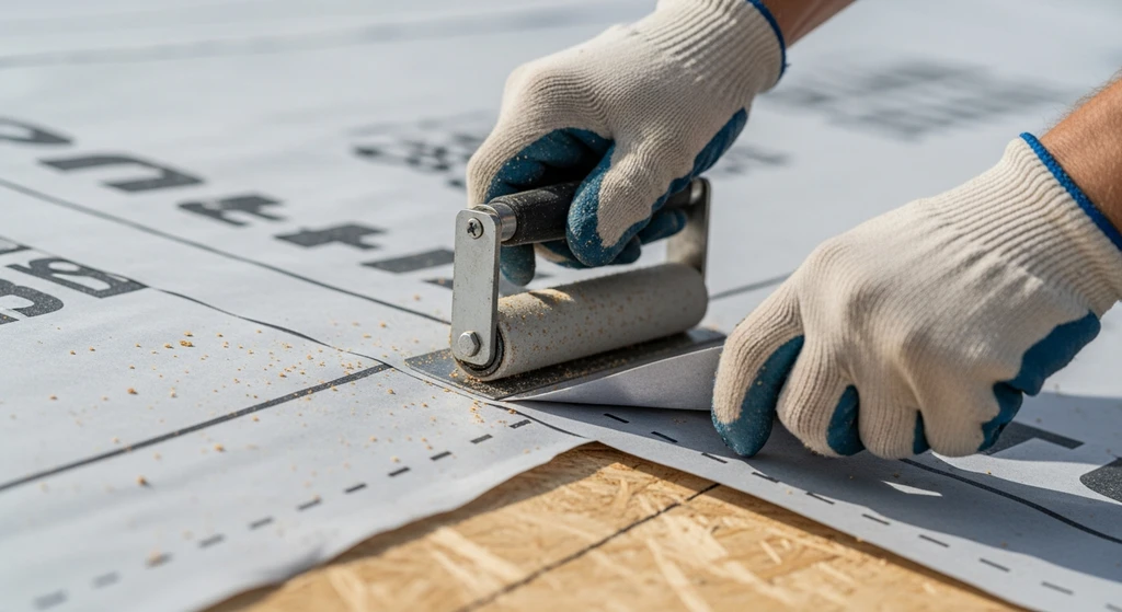 Roofing contractor inspecting peel and stick underlayment.