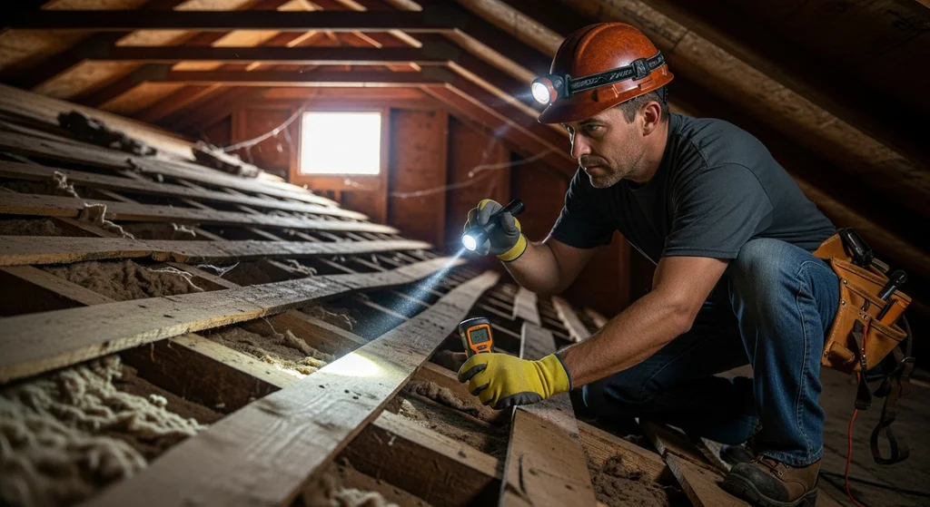 Roofer inspecting roof decking