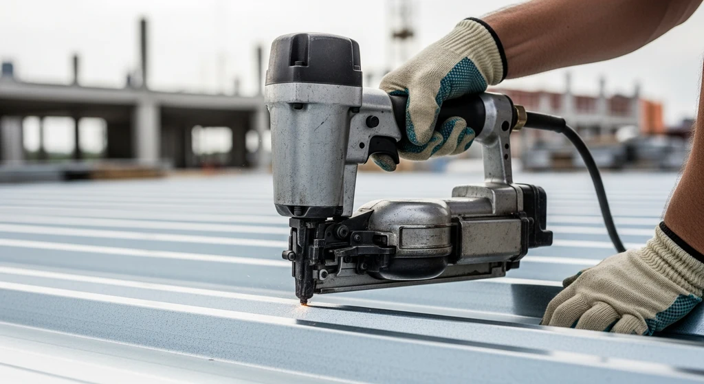 Pneumatic nailer being used on metal roofing