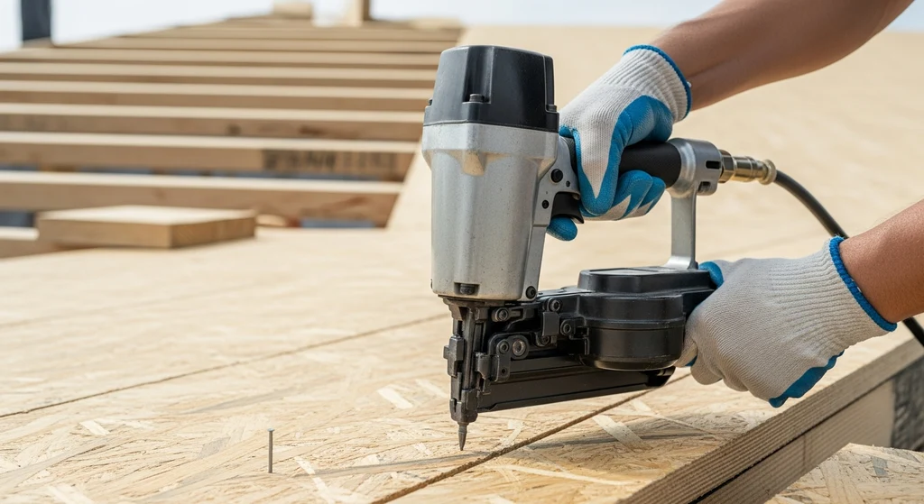 Pneumatic nailer on roof decking